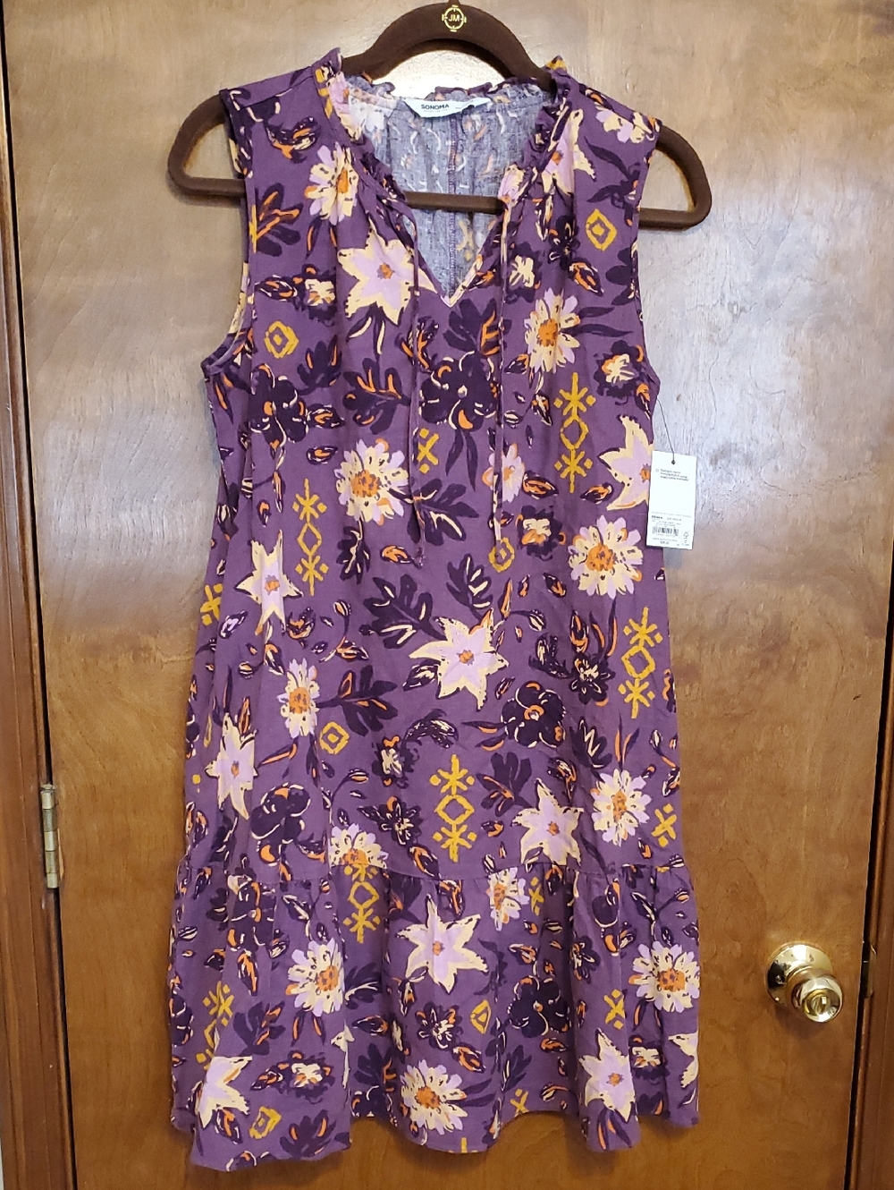 NWT Linen Blend Sonoma Purple Floral Tie-Front Sleeveless Dress Size M